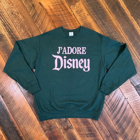 J’adore Disney Sweatshirt Women’s LG Forest Green Pink Lettering Mickey Graphic - Picture 2 of 6